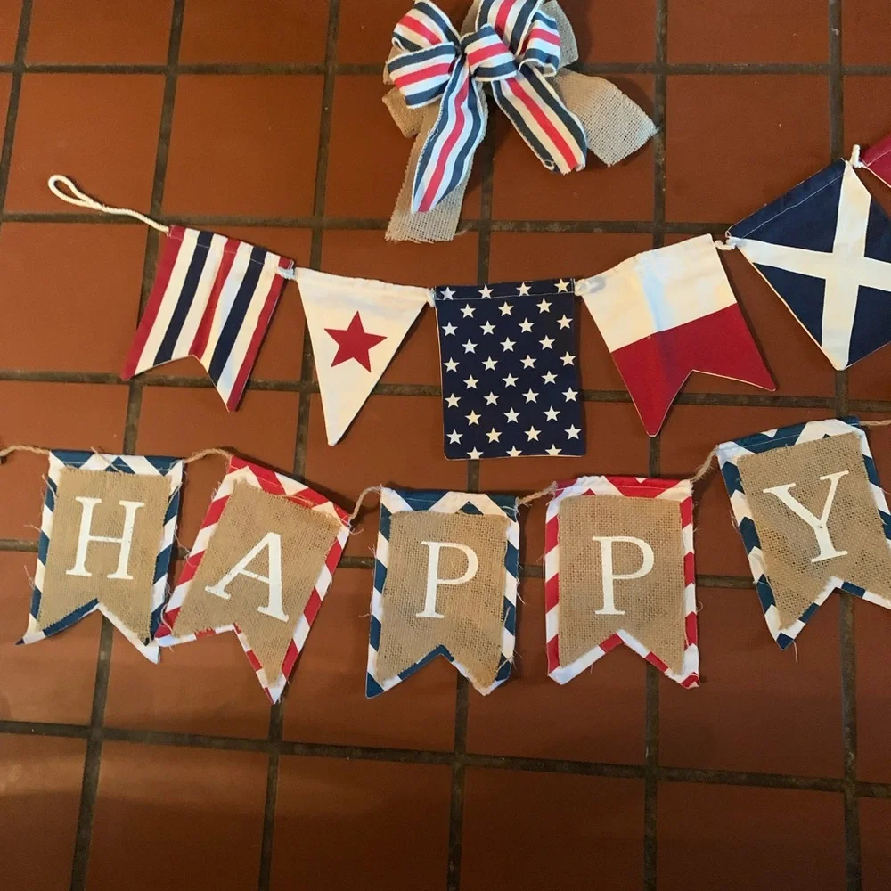 2 Pottery Barn patriotic garlands. JULY 4th and 1 bow. RED, WHITE and BLUE.